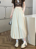 Pbong  Y2K Women Cargo Long Skirts Vintage Loose High Waist Streetwear Skirt Retro Casual American Shirring Solid A Line Skirt New