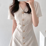 Pbong  Sweet Short Dress Women's Summer New Style High Waist Slim Fit V-neck Korean Version Commute A-line Skirt Bubble Sleeve