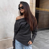 Pbong  New Autumn Women Solid Color Sexy Spicy Girl Slanted Neck Off Shoulder Pullover Regular T-Shirt Fashion Top for Women
