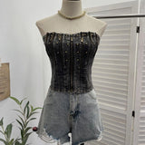 Pbong  Vintage Denim Strapless Vest 2025 Women's Clothing Y2k Tunic Crop Tank Top Backless Fashion Zipper Tank