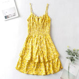 Pbong  Floral Printed Mini Dress Yellow Ruffles Summer Sundress Tiered Vintage Chic Backless Beach Dresses Ladies Vestidos