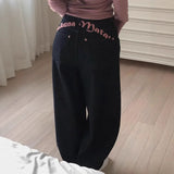 Pbong  Women's Sweet Casual Full Length Baggy Denim Trouser Retro Emo Harajuku Loose Jeans Letter Embroidery High Waist Y2K 2000s Pants