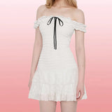 Pbong  Vantage bow Sexy Backless strapless dress Summer Women's Dresses New Skinny High Waist pleated Slash Neck Lace Dress Woman