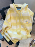 Cartoon Striped Hooded Cardigan Women Loose Cute Long Sleeve Sweet Knitted Sweater Preppy Style Female Kawaii Vintage Tops