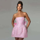 Jacquard Waist Wrap A-line Dress Women Mini 2024 Spring Summer Dress Elegant Bow Backless Sexy Party Dresses