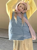 Cute Blue Plaid Puffy Vest Women Loose Vintage Sleeveless Warm Thick Winter Sweet Vest Coat Korean Preppy Style Outwear Top