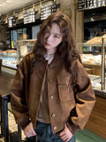 Y2K Retro Baseball Jacket Women Faux Suede Long Sleeve Fall Winter Coat Streetwear Casual American Vintage O Neck Bf Tops
