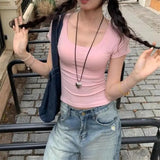 Solid Color Soft Basic Top for Women Summer Skinny Sexy T-shirt U Collar Shirt  Short Sleeve Top for Hot Girl