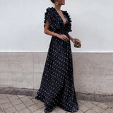 Pbong  Hot Sale Of The Season New Women's V-neck Backless Polka Dot Long Skirt Flying Sleeve Dress Midi A- line Gown Elegant Commute...
