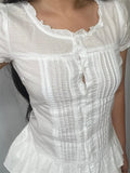 Women's Button Down Shirts Stylish Ruffled Trim Crew Neck Short Sleeve Slim Fit Tops Casual Y2K Gothic Blouse for Summer