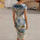 Pbong  Sexy Bodycon Midi Dress Women Summer Fashion Short Sleeve Floral Print Slim Dresses Elegant