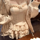 New All Match Sweet Three Piece Sets Sexy Slim Patchwork Lace Tank Top Japan Popular Streetwear Tiered Lace Skirts Lazy Cardigan