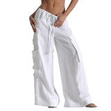 Pbong  Women's Y2K Cargo Long Pants Solid Color Drawstring Elastic Low Waist Wide Leg Trousers with Multi Pockets Streetwear