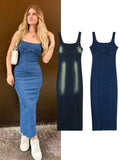 Summer Women's Retro Denim Dress Fashion Square Collar Sleeveless Open Back Zipper Slim Female Slit Mid-length Dress