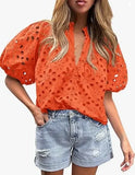 Pbong  Fashionable Casual Lace Embroidery Women's Shirt V-Neck Button Hollow out Lantern Sleeve Summer Top Cross-Border Clothing