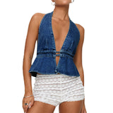 Pbong  Women's Y2K Summer Halter Neck Crop Tops Bow Tie-up Sleeveless Deep V-Neck Backless Solid Color Denim Flare Vest