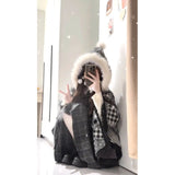 Pbong  Black And White Plaid Oversized Fur Shawl Coat Women's Spring Autumn Thick Outerwear with Tassel Loose Coat for Ladies