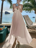 Women Elegant V-Neck Solid Evening Dress Fashion Pleated A-Line Backless Long Party Dress Korean Asymmetrical Vestidos Mujer