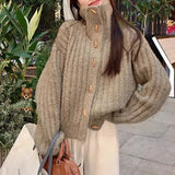 Chunky Knit Cardigan with Toggles High Neck Button-down Sweater Jacket Women Autumn Winter Warm Knitwear Vintage Outfit