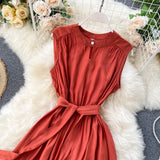 Pbong  Korean Fashion Women Dress Summer Casual Solid Sleeveless Sash Bandage Black Dress Vintage Elegant Lady Vestidos