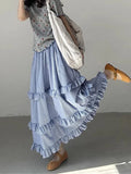 Pbong  Korean Ruffles Plaid Long Skirts Women High Waist Loose Elegant Skirt Vintage Preppy Style Casual Female Sweet Dance Skirt