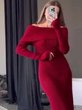 Fashion Knit Long Dress Off-Shoulder Female Ribbed Loose High Waist Elegant Autumn Party Dress Ladies Knitwear Maxi Dress