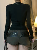 Darkly Punk Cothic Women Long Sleeve T-Shirt Patchwork Chic Fabric Cut Out O-Neck Top Tees Slim Sexy Solid Tops