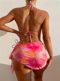 Print Halter String 3 Piece Bikini String Skirt Swimsuit Women Swimwear Female Bather Bathing Swimming Swim Suit Beachwear