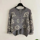Cute Floral Knitted Cardigan for Women Cozy O-neck Button Front Sweater Jacket Teen-girl Fall Winter Korean Fashion Outfit