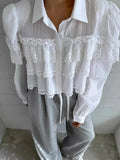 Pbong  Korean Chic Shirts Lace Patchwork Folds Solid Color Long Sleeve Crop Tops Fashion Design Loose Blouses New Women's Clothing