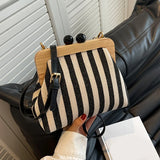 Pbong  Vintage Striped Crossbody Bag, Wooden Frame Kiss Lock Clutch with Adjustable Strap, Retro Casual Shoulder Purse for Women