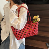 Pbong  Women's Woven Plastic Small Tote Bag Drawstring Liner Casual Summer Aesthetic Beach Shopping Daily Shoulder Bag