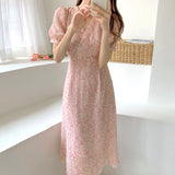 Pbong  Ele V-ne Bubble Sve Chiffon Dr Women's Mid-length Skirt Slimming Waist Cross Design Summer Commute Sle Floral P...