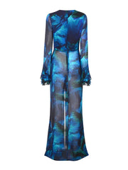 Women Sexy Deep V Neck High Split Dress Summer Beach Elegant Outwear Vestidos Print Mesh See Through Ruffles Loose Maxi Dress