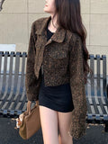 Y2K Cropped Leopard Denim Jacket Women Vintage Streetwear Long Sleeve Slim Short Coat American Harajuku Female Hip Hop Tops