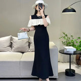 Pbong  High-end French Elegant Dress Niche Design Black and White Contrasting Off-shoulder Slim Fish Tail Commuting Dress for Women