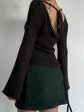 Y2K Tie Back Sweaters Women Long Sleeve Boat Neck Solid Color Knitted Pullover Casual Crochet Tops Fall New