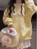 Women Cute Cartoon Hoodies Vintage Lace Patchwork Loose Sweet Sweatshirts Fall Preppy Style Japan Pockets Lady Kawaii Tops