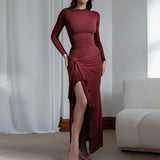 Elegant O-neck Draped Irregular Long Dress Women Causal Long Sleeve Solid Party Dress Fashion Hight Waist Slim Evening  Dresses