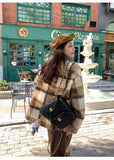Vintage Faux Woolen Plaid Coat Women Fall Winter Long Sleeve Sweet Jacket Retro Preppy Style Korean Elegant O Neck New Tops