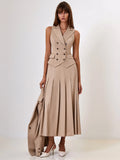 Autumn Two Piece Sets Women Double-breasted Vest And Split Skirt Matching Sets Fashion Long Pleated Skirt Two Piece Set