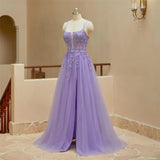 Pbong  Lace Applique Sparkly Tulle Prom Dresses for Women with Slit Spaghetti Straps Backless A Line Long Ball Gown