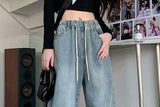 Elastic Waist High Waist Wide Leg Jeans for Women Loose Straight Blue Long Denim Pants Female Fashion Streetwear Jeans
