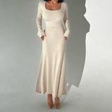 Elegant Frill Knit Square Neck Long Dress