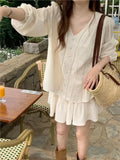 Casual Beige Vacation Spring Summer Outfits Lantern Sleeve Blouse And Short Skirt Two Piece Set 2025 New Top Pleat Skirt Suit