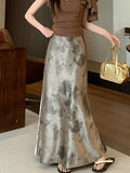 Retro Tie Dye Satin Long Skirts Women Elegant Korean Vintage Slim Trumpet Skirt Casual Summer Sweet Comfortable Long Skirt