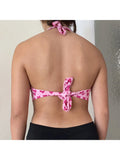 Pink Heart Print Cute Bustier Crop Top Women Aesthetic Kawaii Clothes Sleeveless Backless Lace Up Bralette Camisole