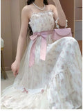 2025 Summer French Sweet Floral Sling Dress Women Bow Tie Mesh Slim Fit Dresses Korean Elegant A-Line Casual Fashion Clothing