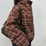 Pbong   Casual Plaid Stand Collar Jacket Women Loose Long Sleeve Single Breasted Pocket Female Jackets Autumn Winter Streetwear New