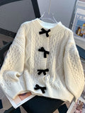Preppy Style Bow Sweet Cardigan Women Cute Long Sleeve Solid Knitted Sweaters Casual Vintage O Neck Lady Fall Winter Top Outwear
